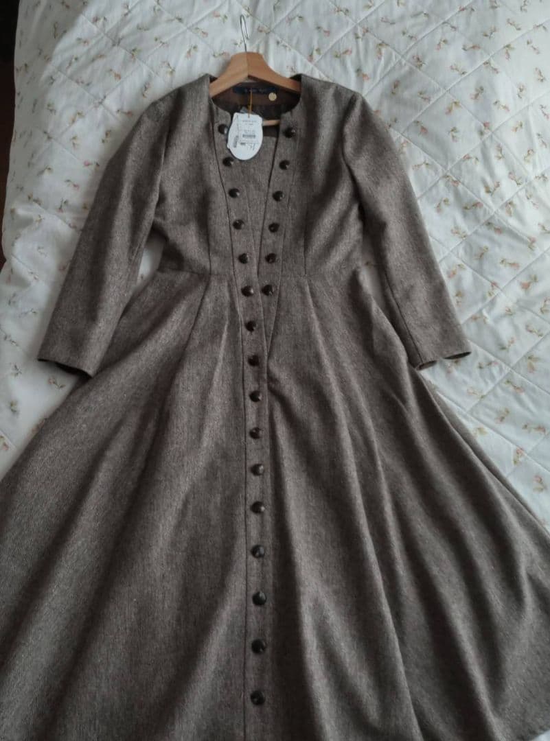 ウール風長袖ボタン付きロングドレス