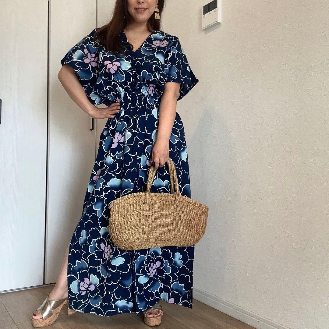 一点物　本染浴衣　ワンピース ハンドメイド　ロング　マキシ　シンプル　紺　綿
