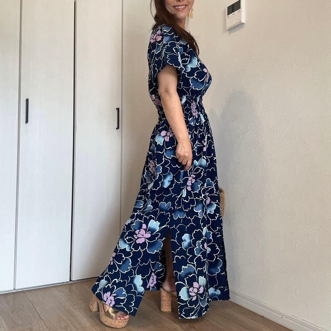 一点物　本染浴衣　ワンピース ハンドメイド　ロング　マキシ　シンプル　紺　綿