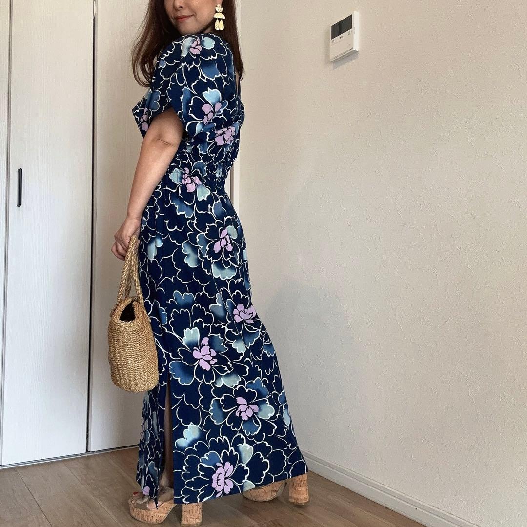 一点物　本染浴衣　ワンピース ハンドメイド　ロング　マキシ　シンプル　紺　綿