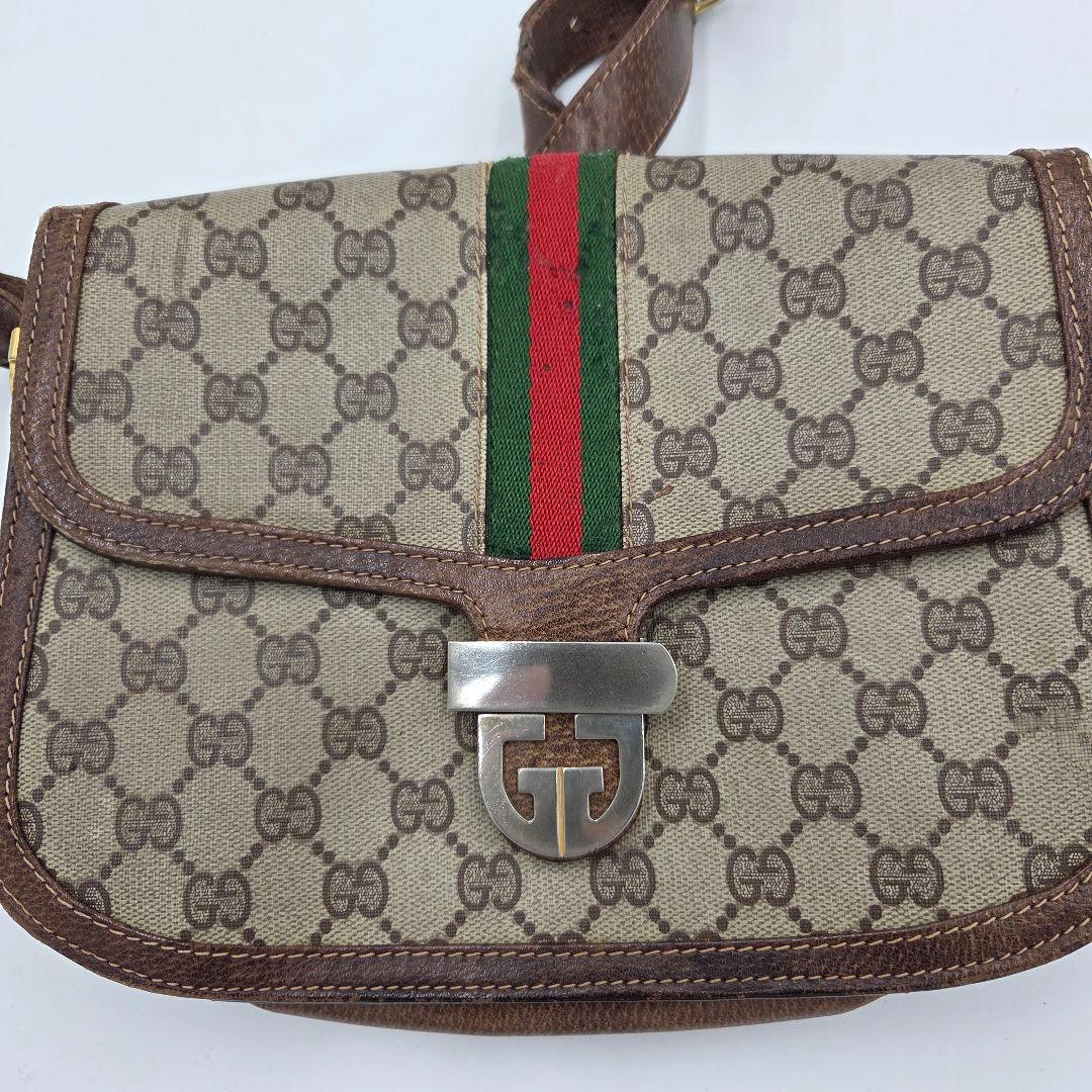 【良品】GUCCI シェリーライン GG ショルダーバッグ レザー ブラウン