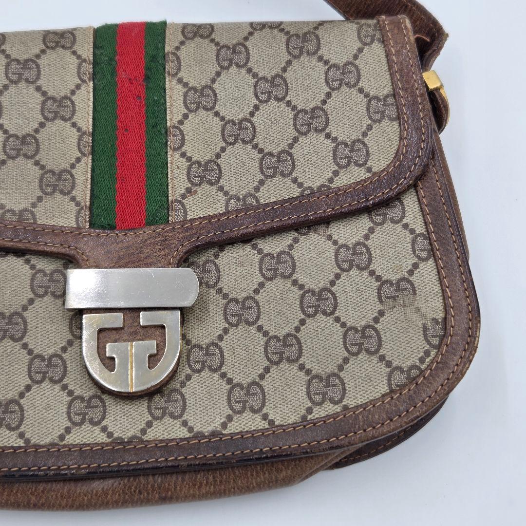 【良品】GUCCI シェリーライン GG ショルダーバッグ レザー ブラウン