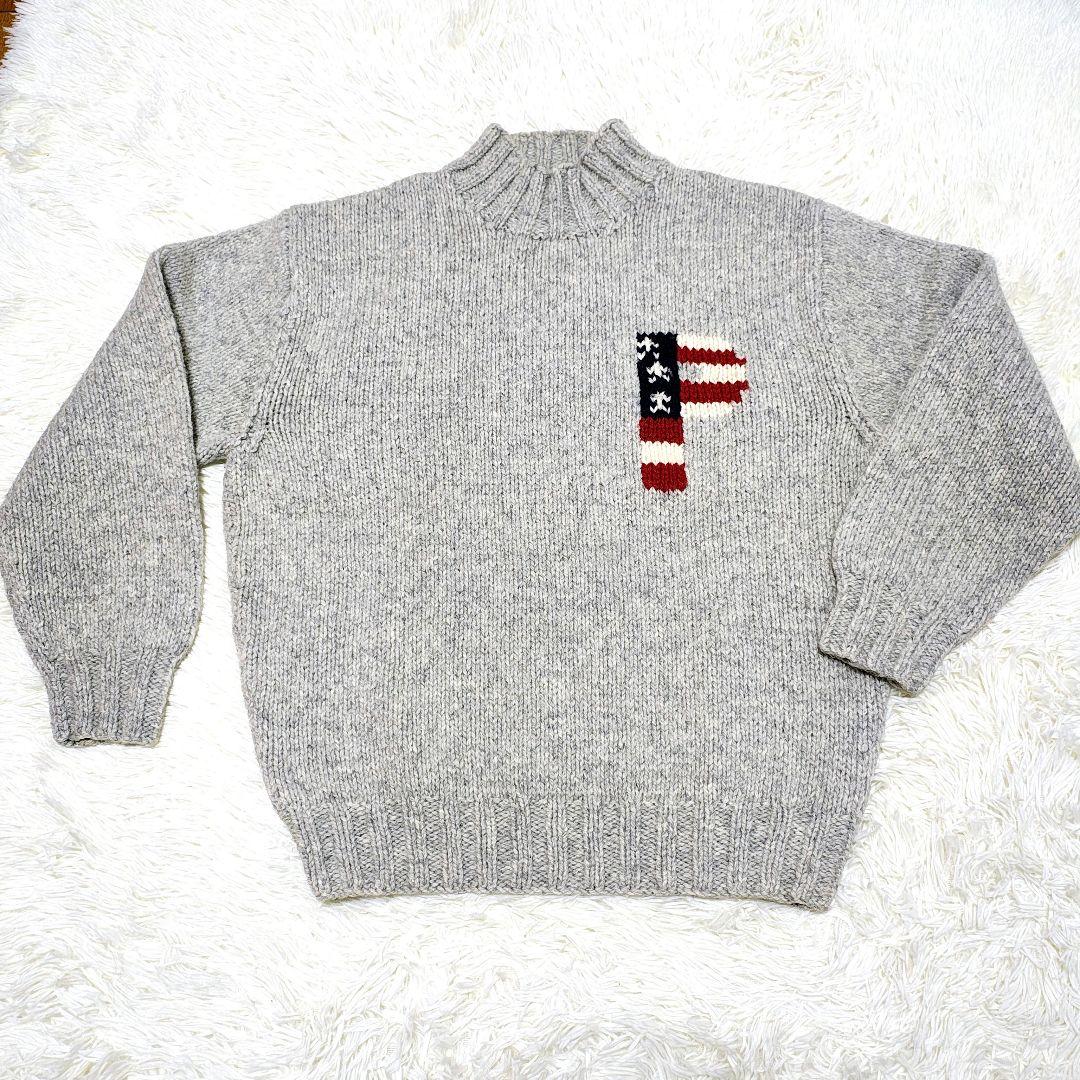 美品 パパス Papas グレー　ニット セーター タートル 刺繍　 ローゲージ