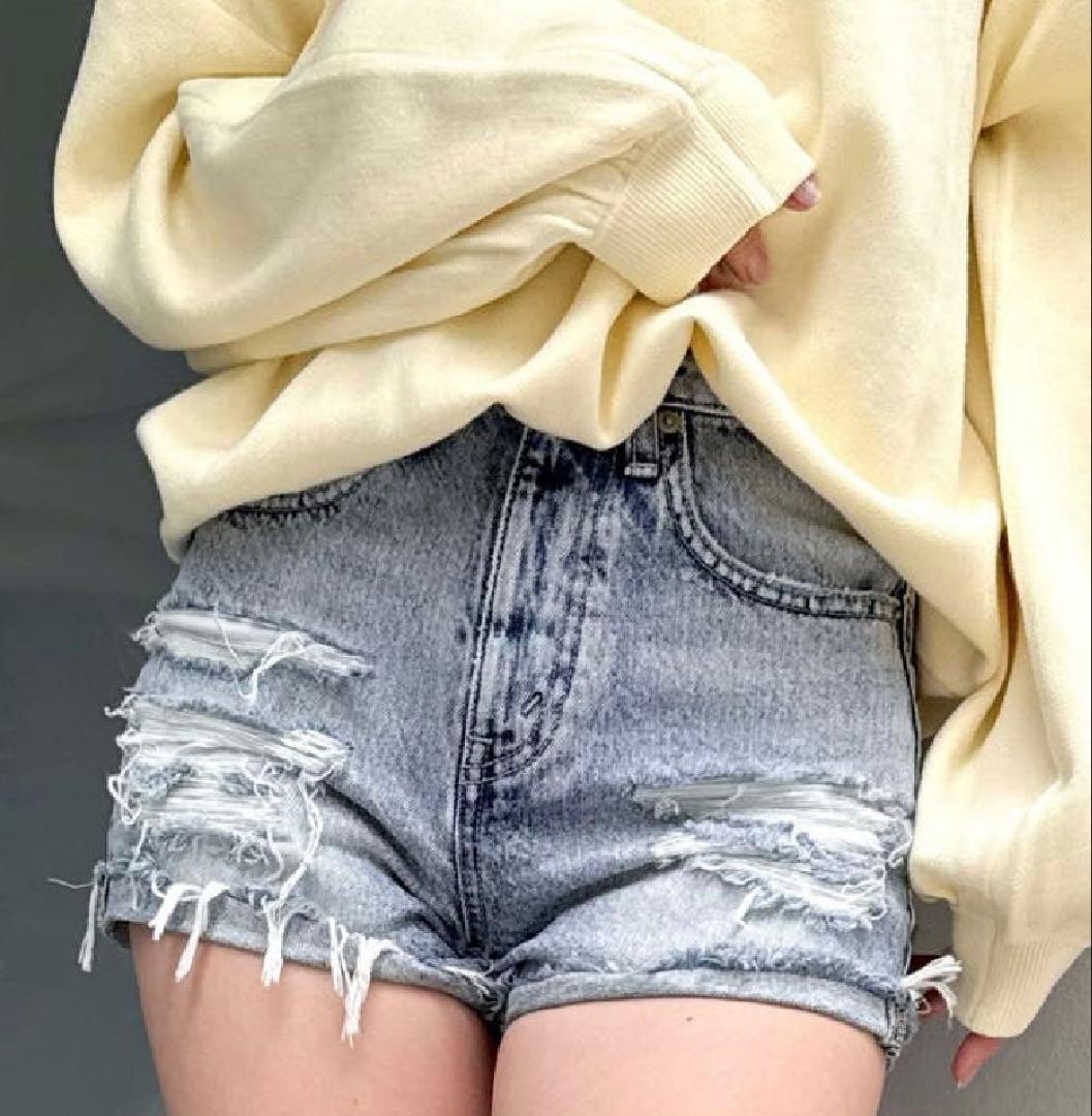 GYDA ジャストウエスト ダメージデニム ショートパンツ ショーパン