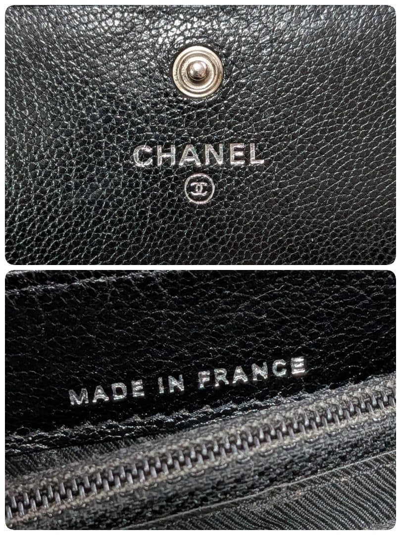 シャネル　ミニ財布　シルバーココ　カーフスキン 黒　ショルダー　カードケース