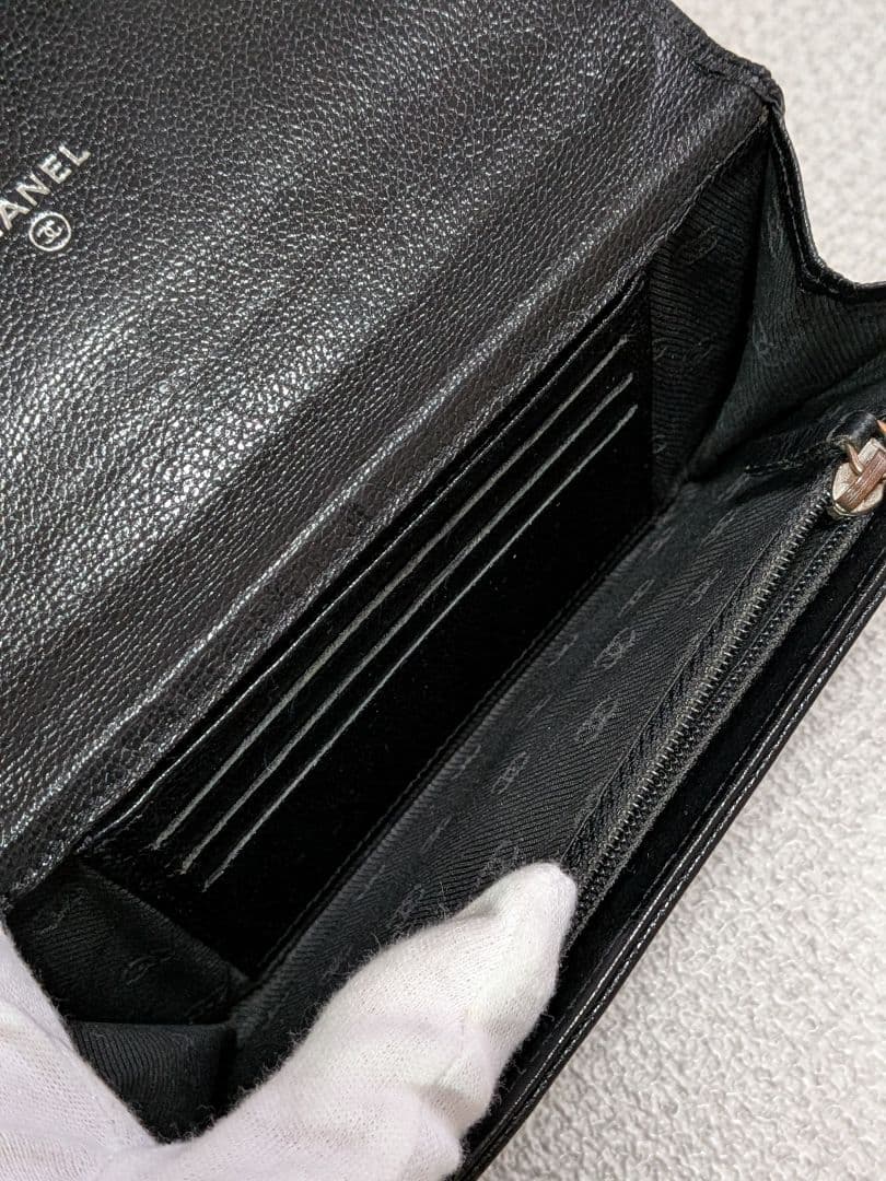 シャネル　ミニ財布　シルバーココ　カーフスキン 黒　ショルダー　カードケース