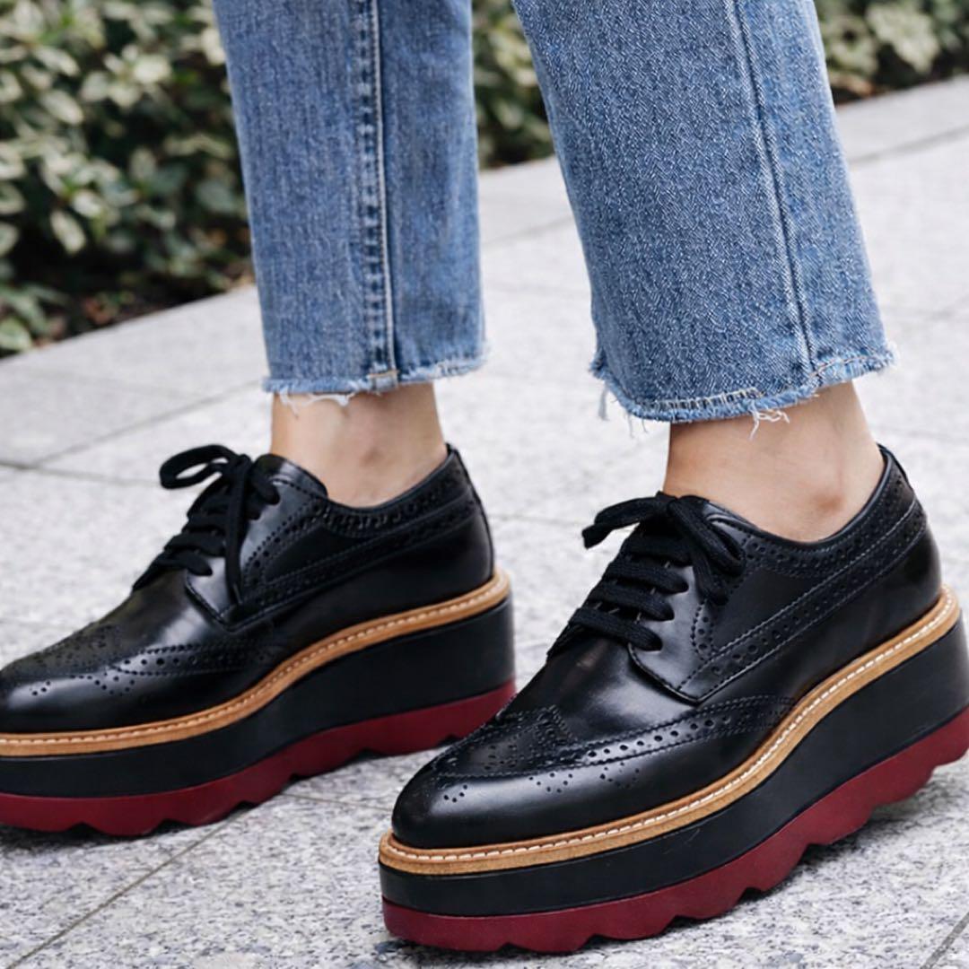 美品 PRADA 厚底ウイングチップ 黒 36 レザー プラットフォーム