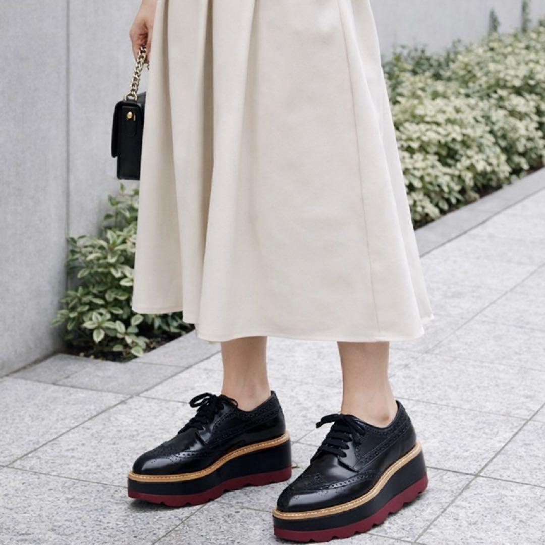美品 PRADA 厚底ウイングチップ 黒 36 レザー プラットフォーム