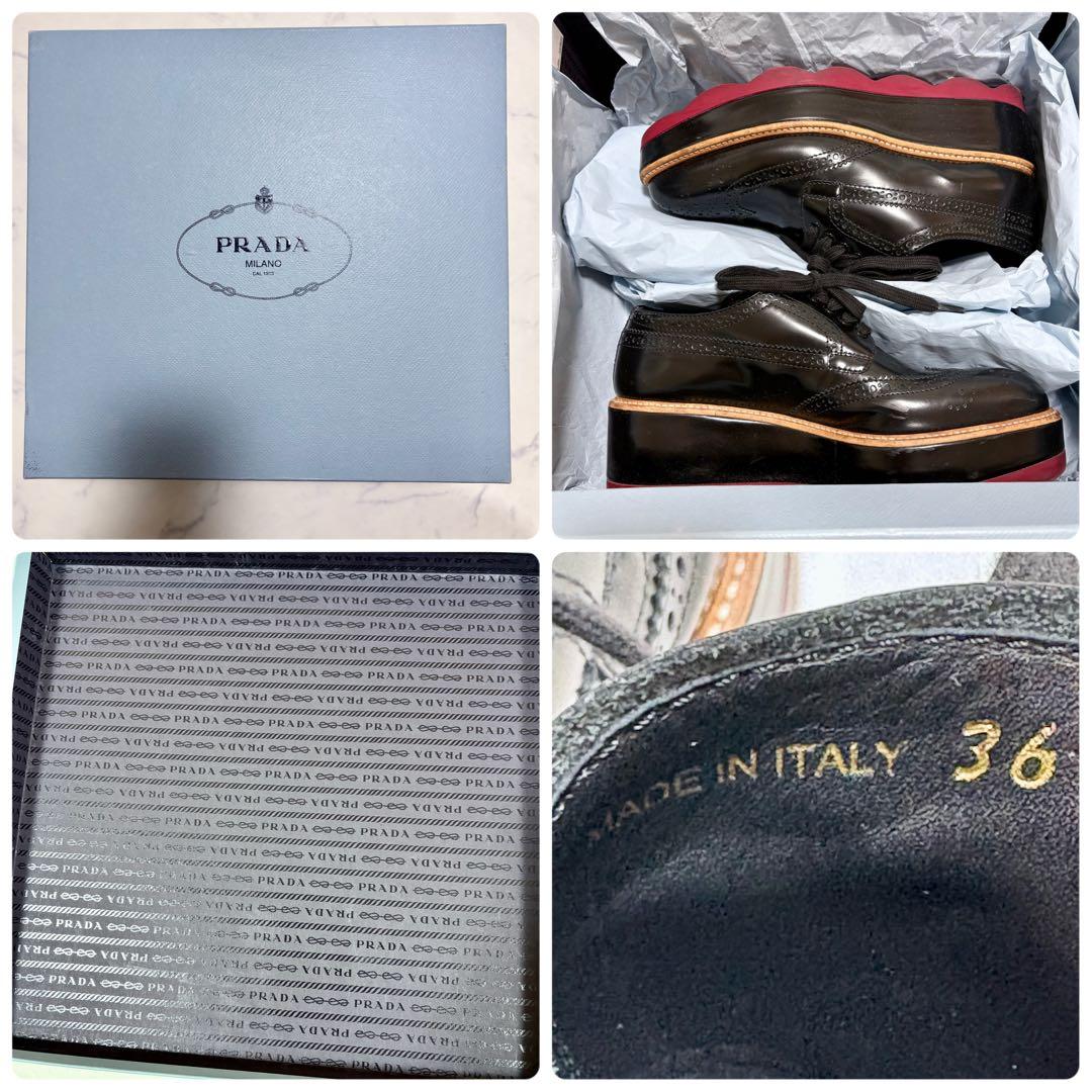 美品 PRADA 厚底ウイングチップ 黒 36 レザー プラットフォーム