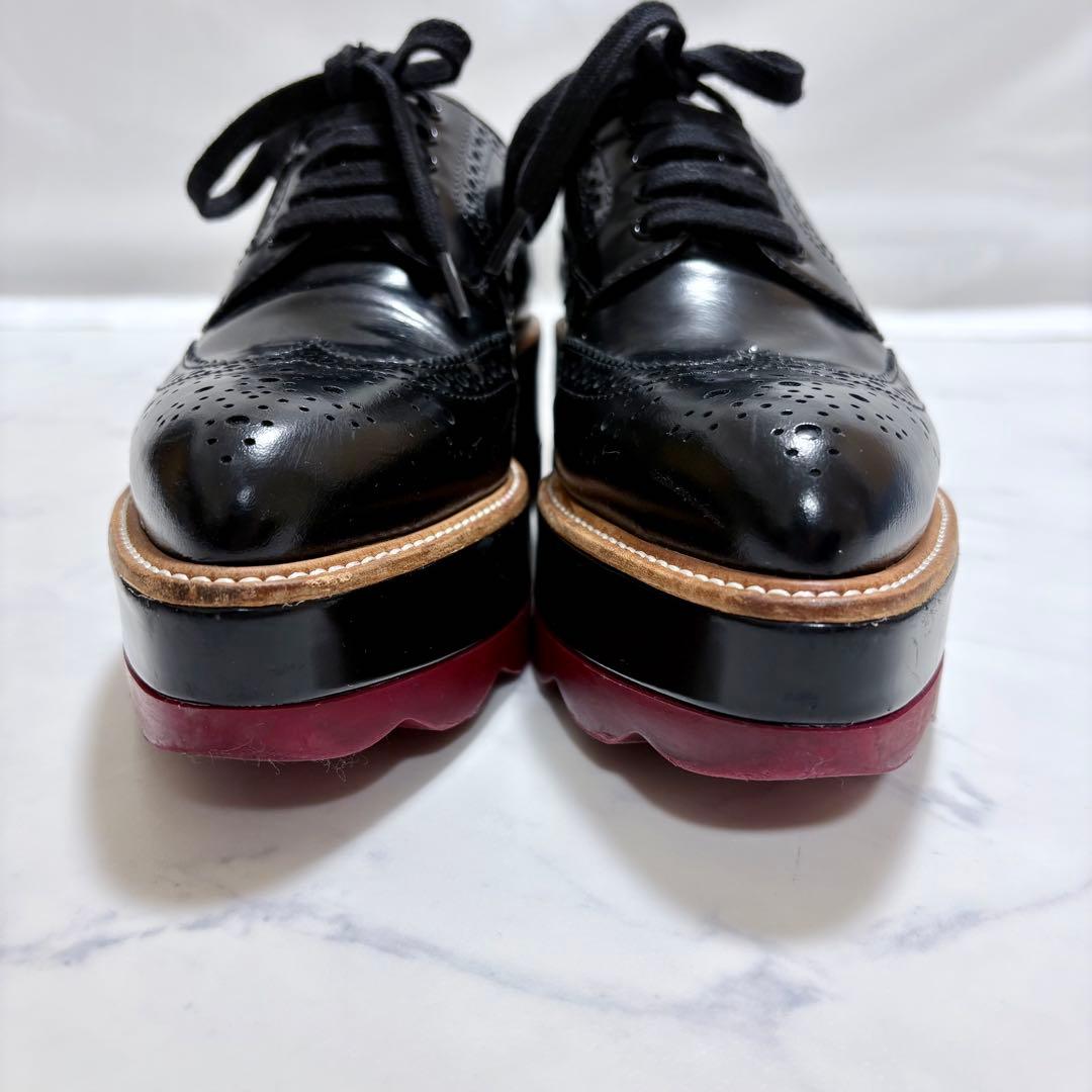美品 PRADA 厚底ウイングチップ 黒 36 レザー プラットフォーム