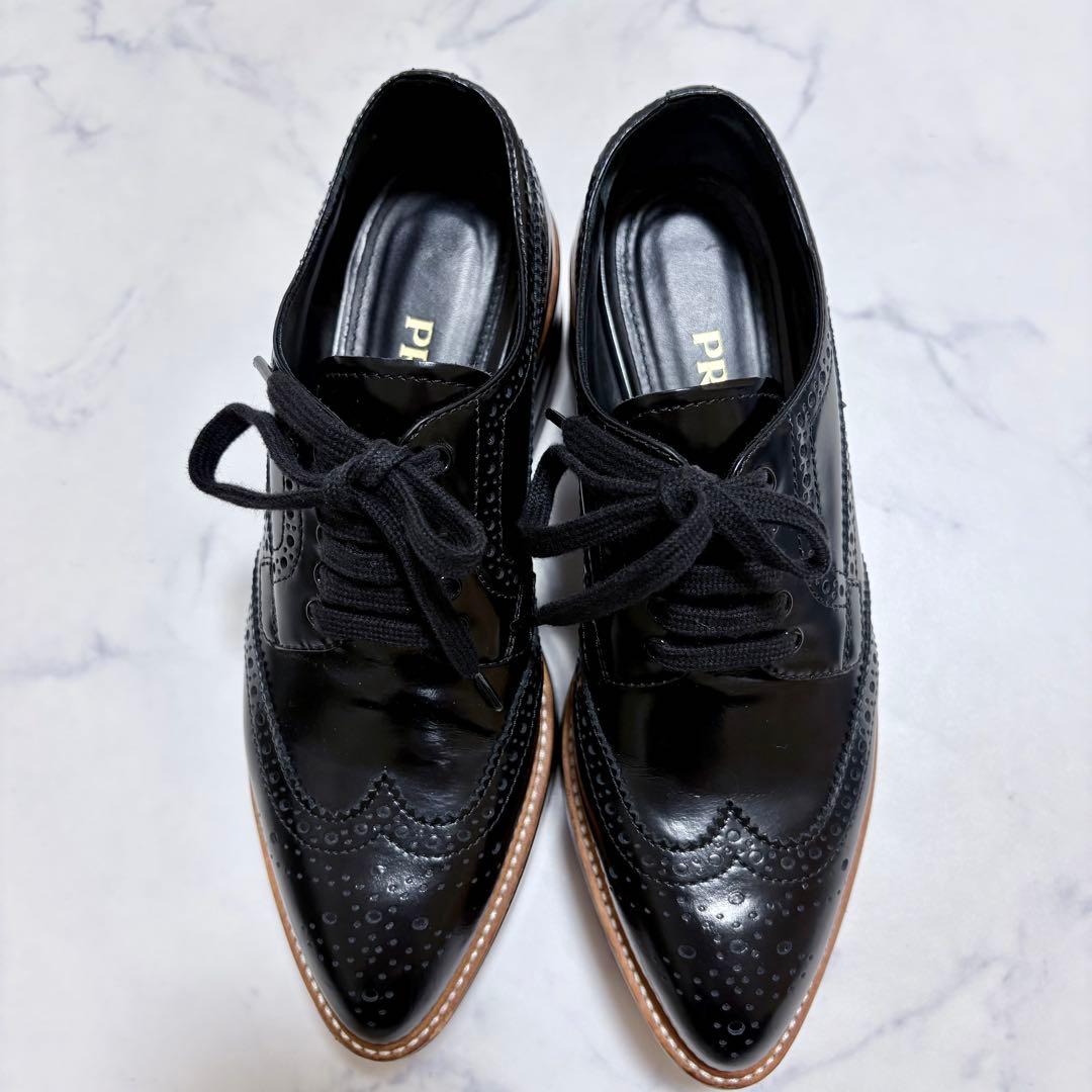 美品 PRADA 厚底ウイングチップ 黒 36 レザー プラットフォーム