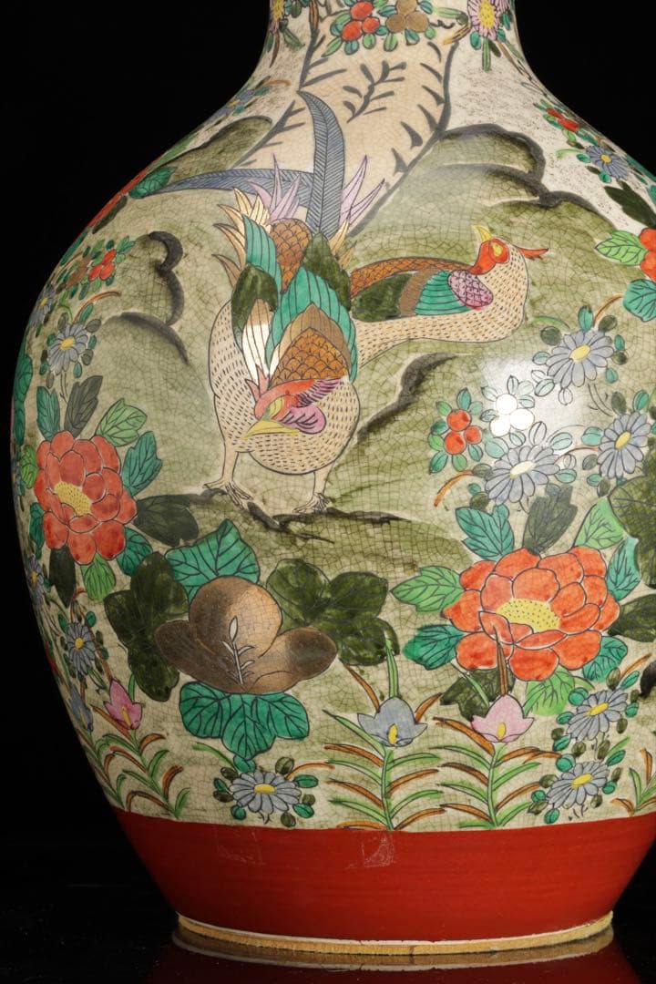 九谷焼 金彩色絵 花鳥図 大花瓶 飾壺 高さ46cm古美術品 骨董品