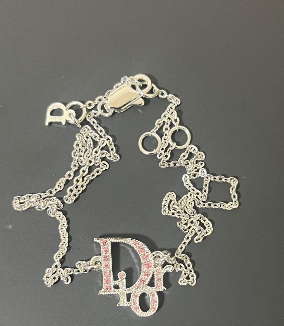 クリスチャンディオール ネックレス　シルバー ラインストーンピンクロゴ