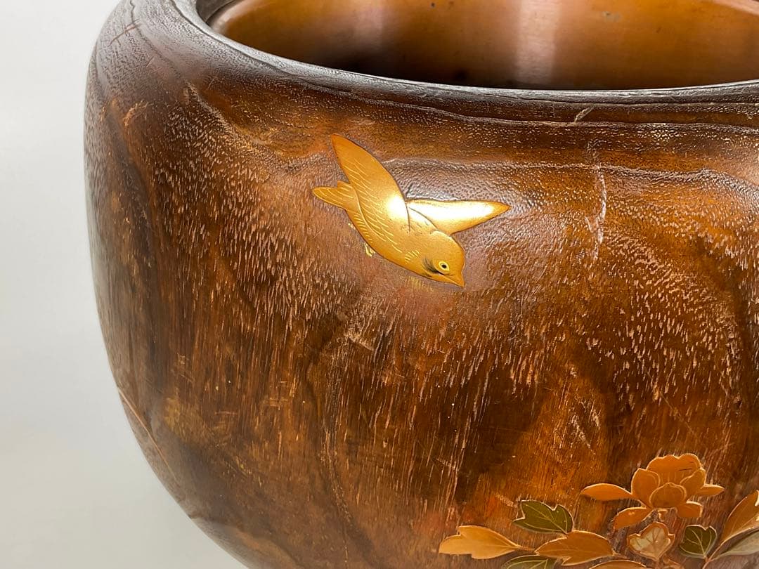 蒔絵　桐火鉢　手炙り　雀・草花文　螺鈿細工　内側銅器　外径約３２cm