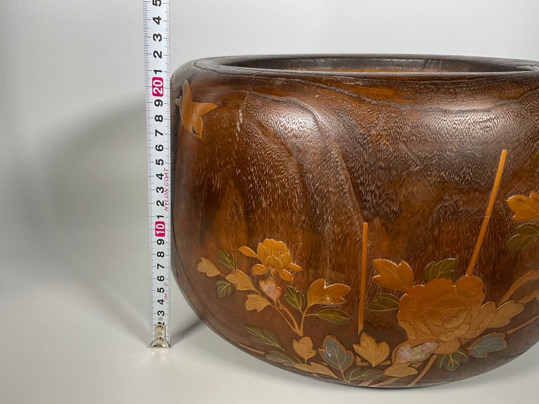 蒔絵　桐火鉢　手炙り　雀・草花文　螺鈿細工　内側銅器　外径約３２cm