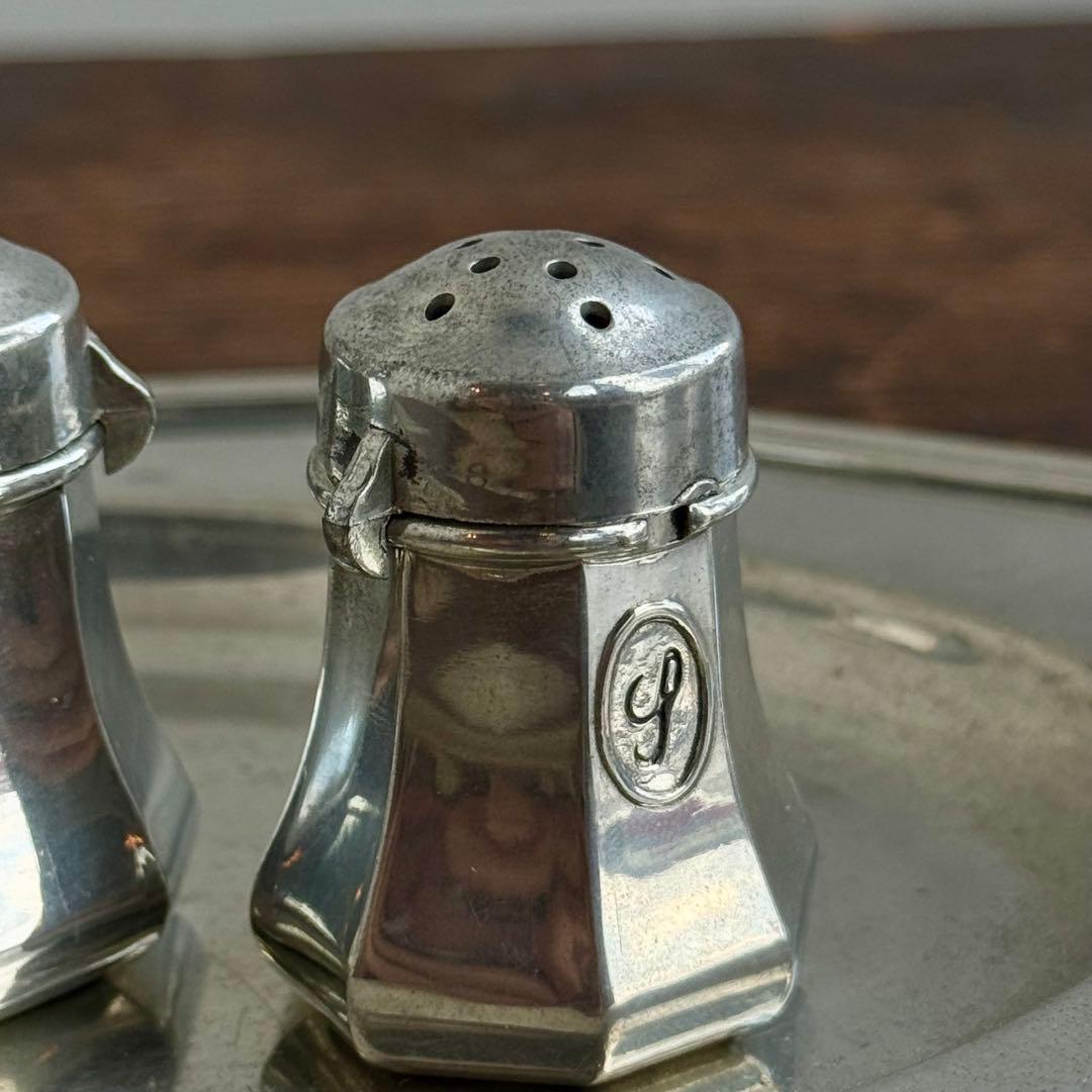 フランス製 トレイ＆シュガー・ソルト・ペッパー 4点セット ピューター 刻印有り