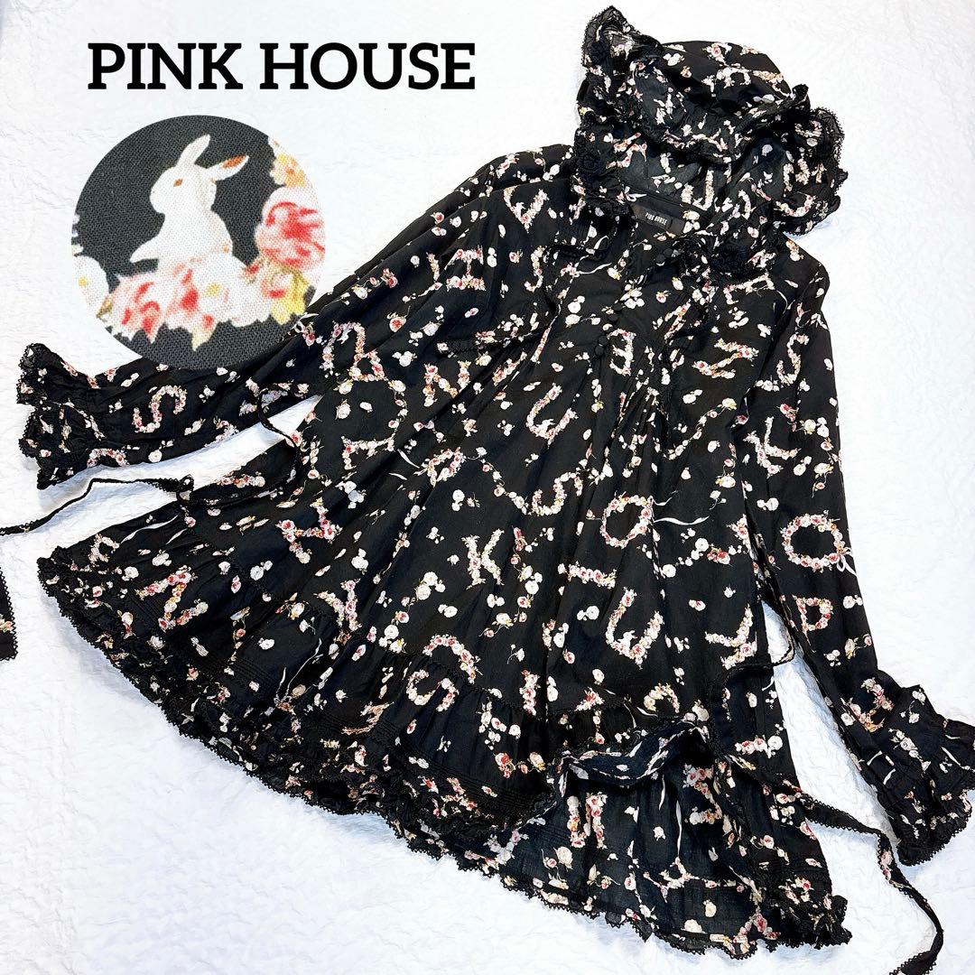 極美品✨PINK HOUSE フード付きフラワープリント チュニック　うさぎ　黒