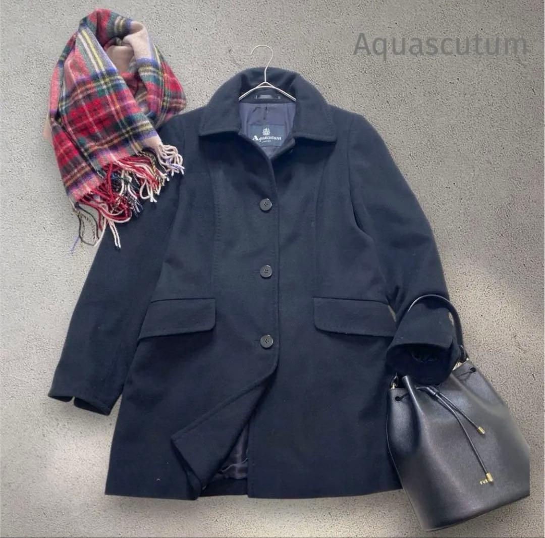 美品✨アクアスキュータム カシミヤ混　黒　コート　ステンカラーコート