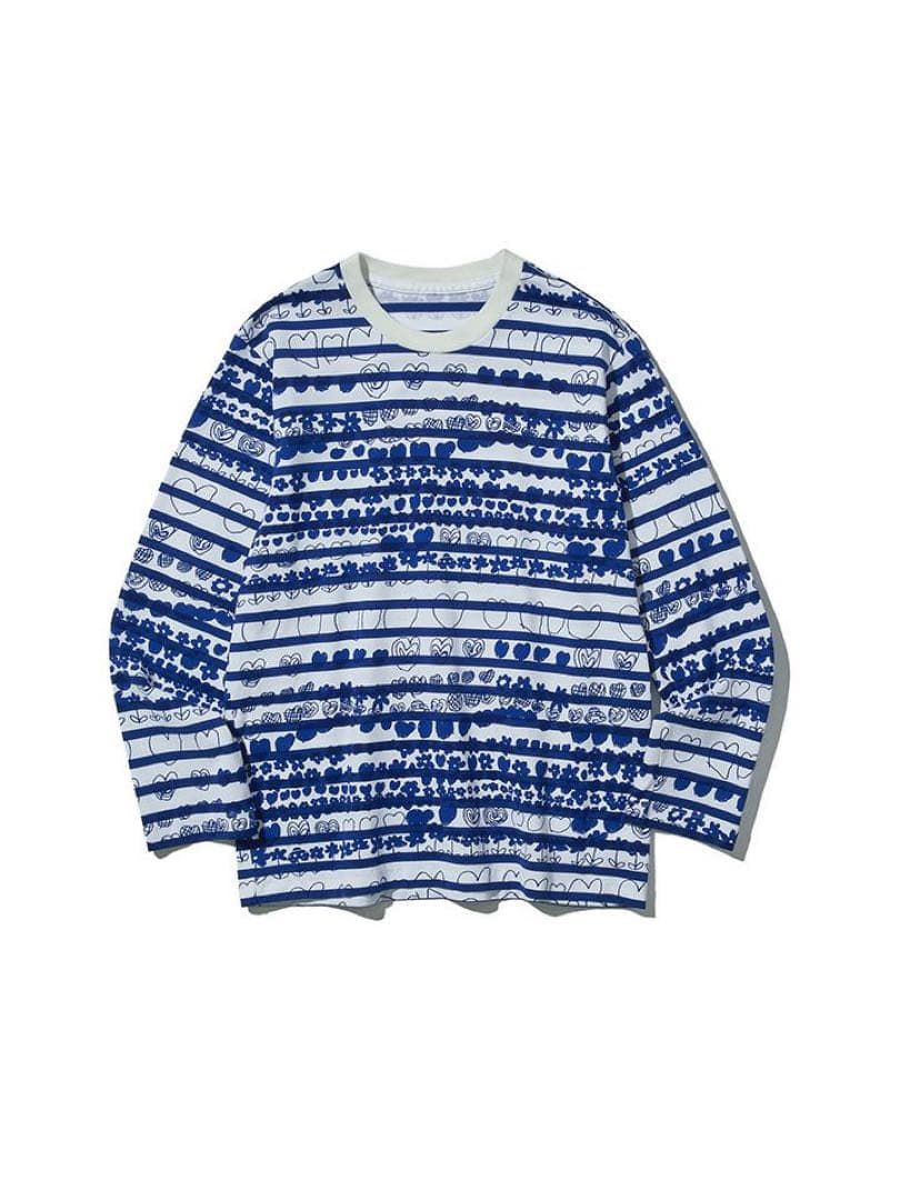 BRU NA BOINNE プリント　ボーダー　ロンT ブルー　青　XL 総柄