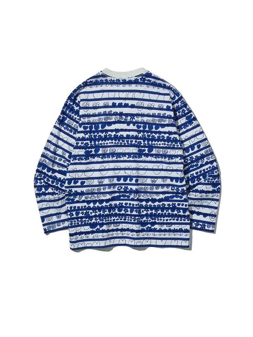 BRU NA BOINNE プリント　ボーダー　ロンT ブルー　青　XL 総柄