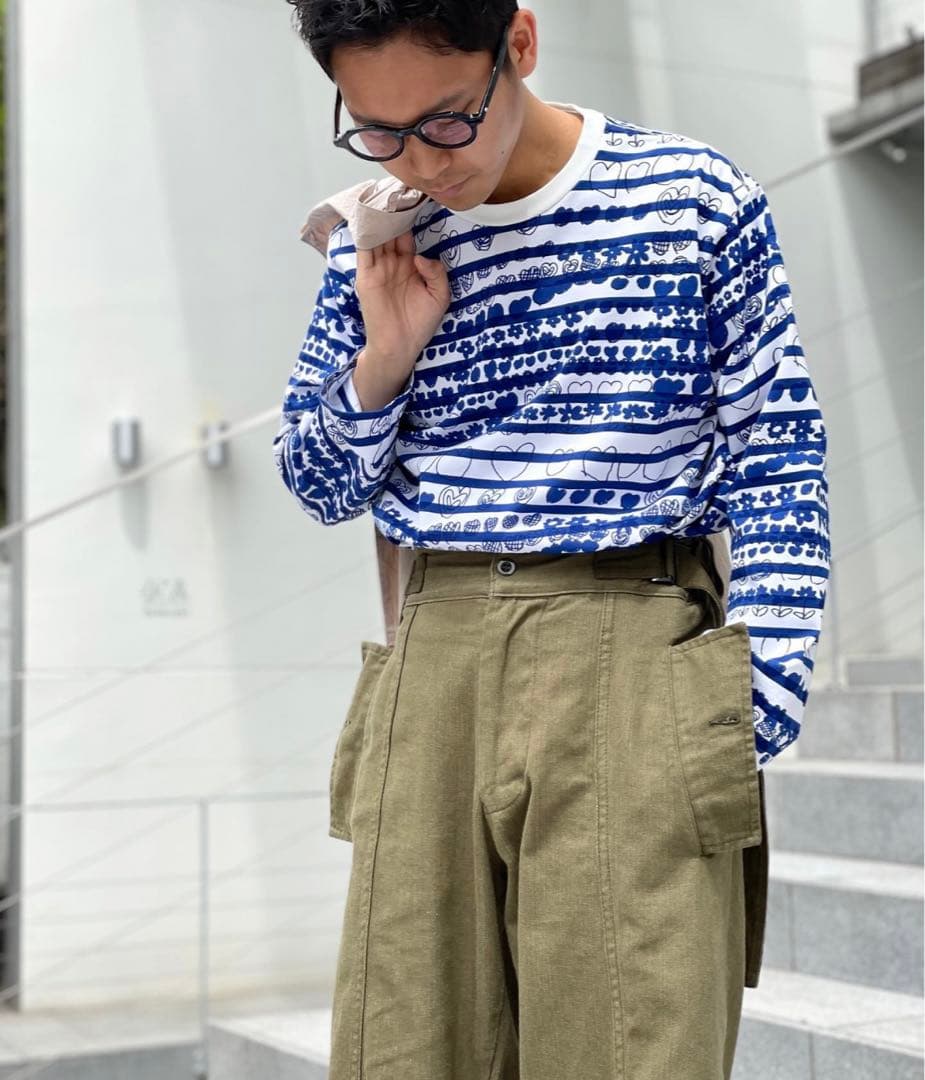 BRU NA BOINNE プリント　ボーダー　ロンT ブルー　青　XL 総柄