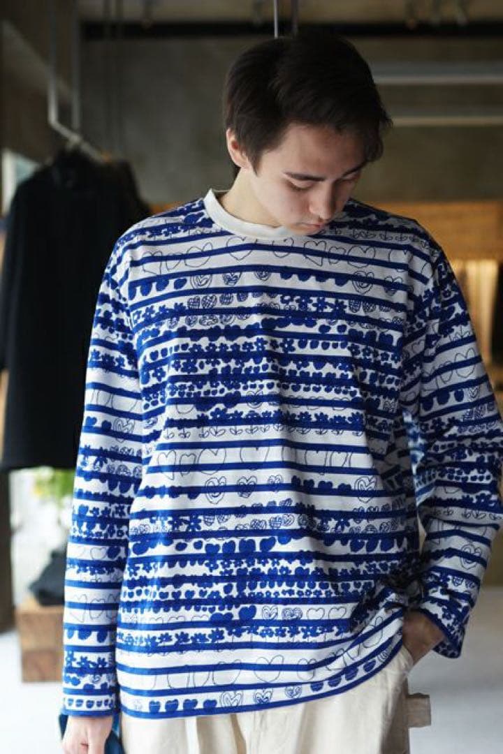 BRU NA BOINNE プリント　ボーダー　ロンT ブルー　青　XL 総柄