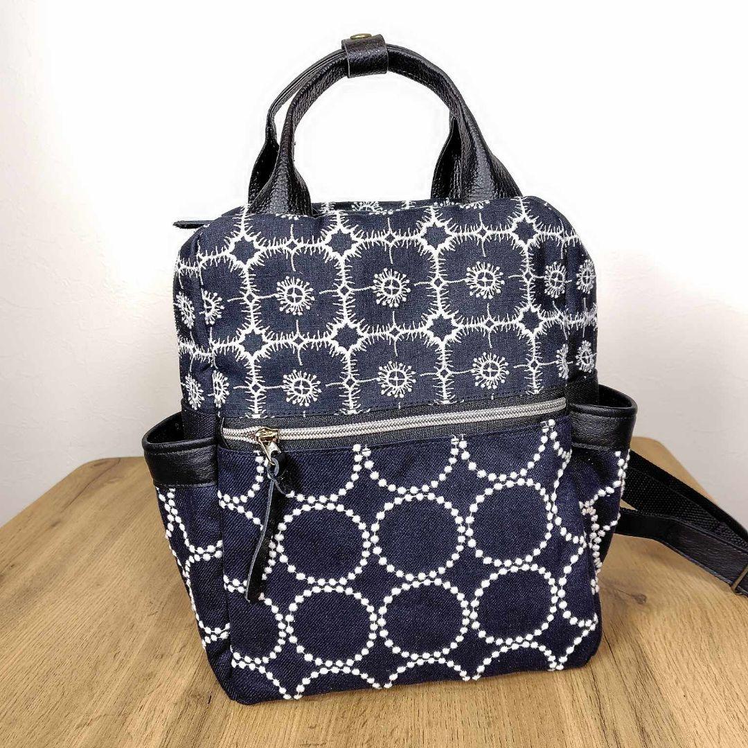 【専用】/タンバリンネイビー×アネモネ/ボストン型トートリュック本革黒