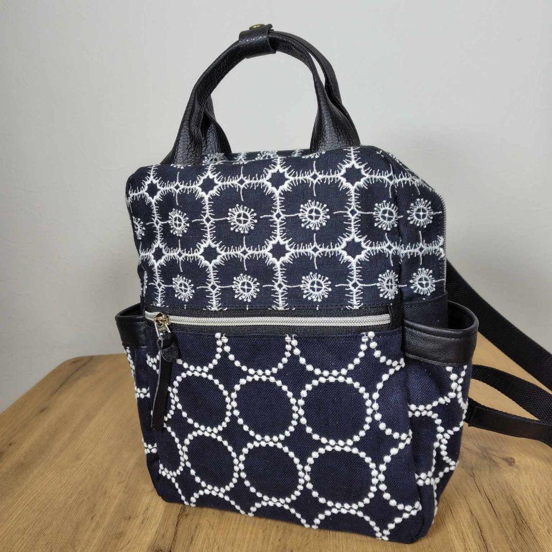 【専用】/タンバリンネイビー×アネモネ/ボストン型トートリュック本革黒