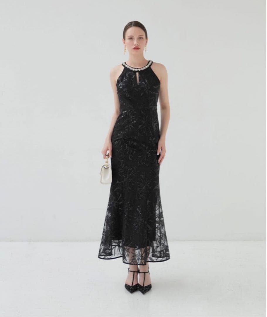 【LEJA LUXE】ビジューホルターネックボタニカルマーメイドドレス