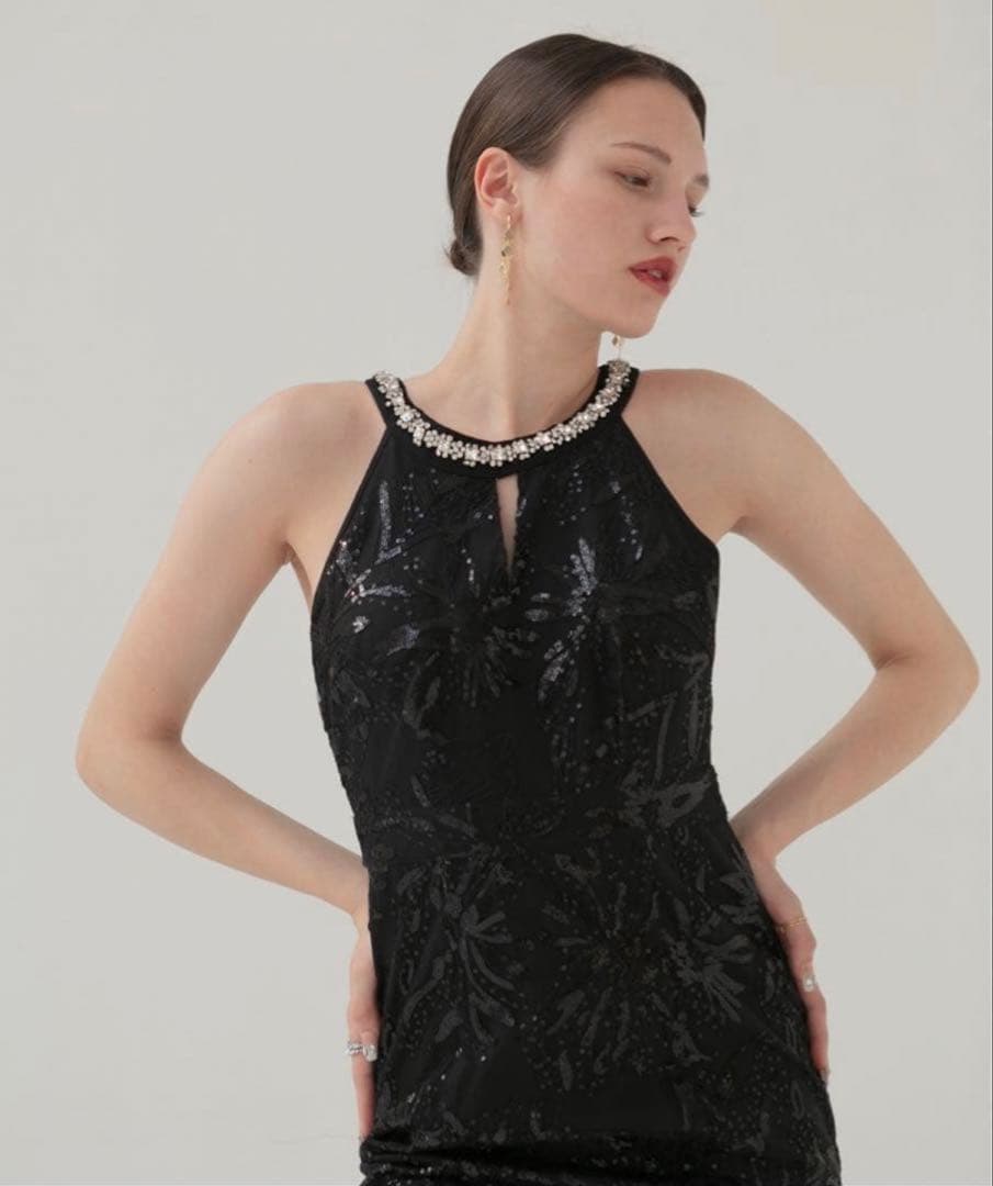 【LEJA LUXE】ビジューホルターネックボタニカルマーメイドドレス