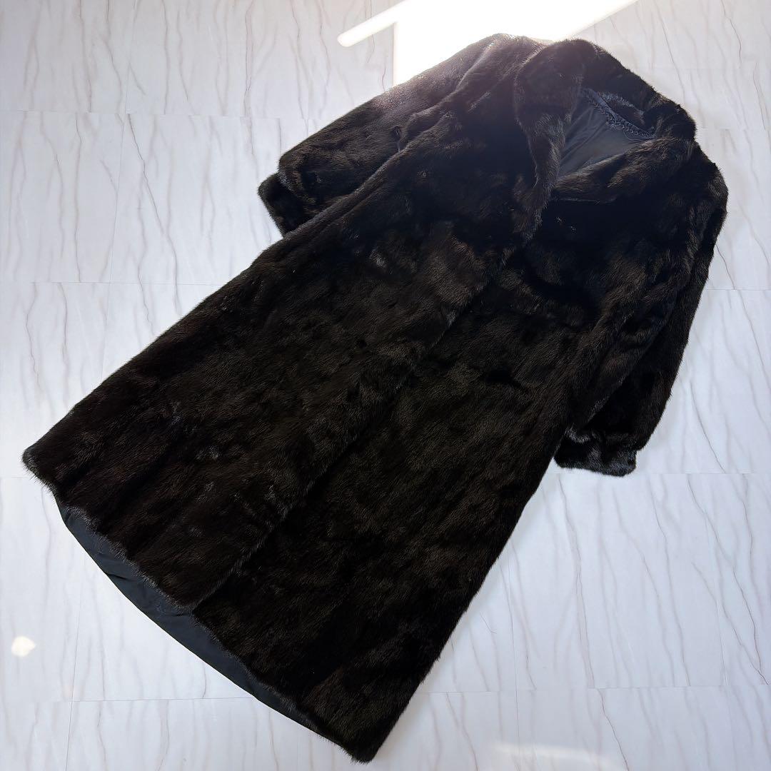 《総丈 115cm》ミンクファーコート ロング丈 リアルミンク 毛皮 ブラック