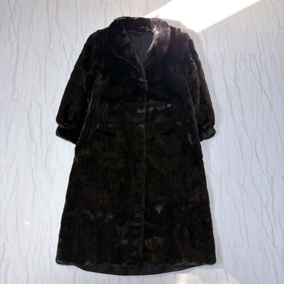 《総丈 115cm》ミンクファーコート ロング丈 リアルミンク 毛皮 ブラック