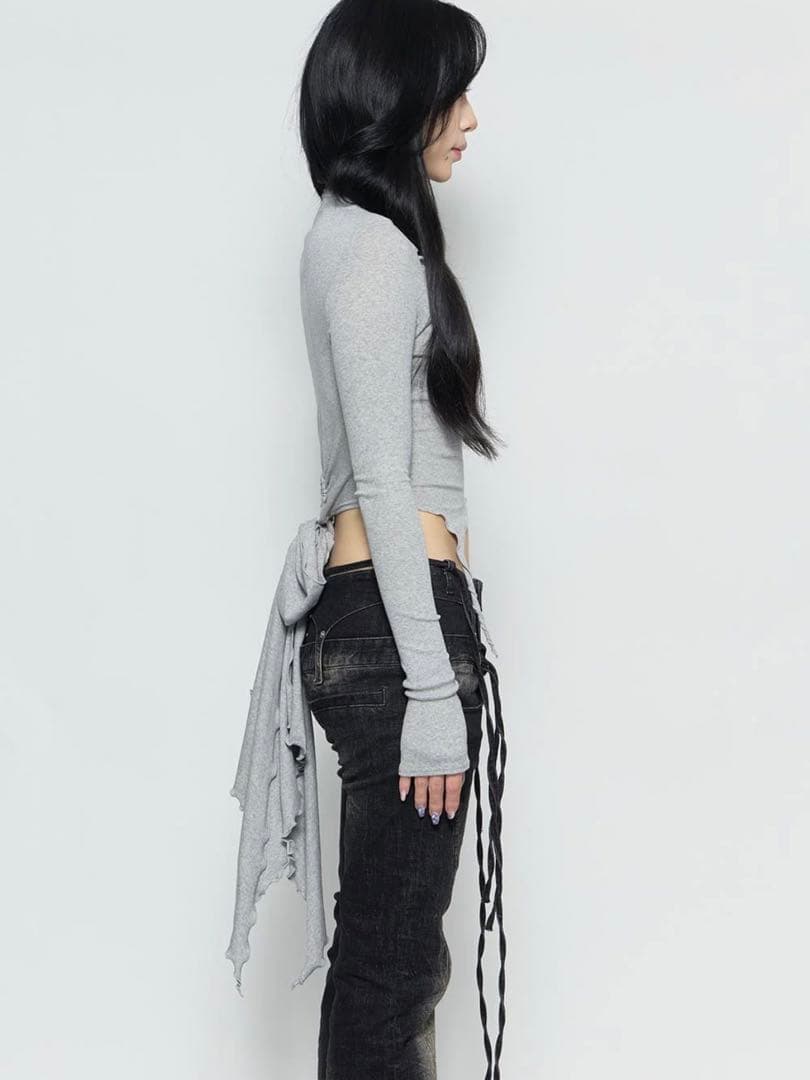 トップス THEREDTHREAD ribbon tail tops(gray)