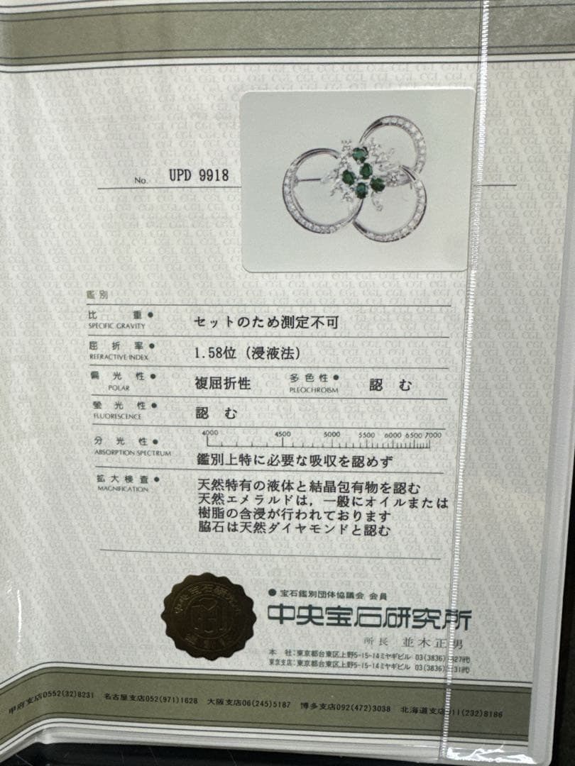 鑑定書付 Pt900 天然エメラルド ダイヤ 帯留 ブローチ