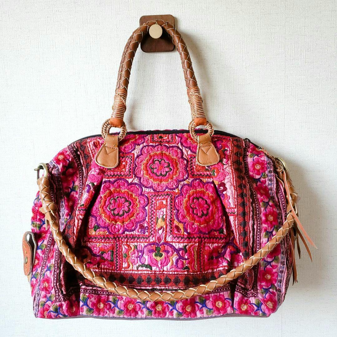 ★ 一点物 未使用 ★ アジア 少数民族 刺繍 古布 ショルダーバッグ ピンク