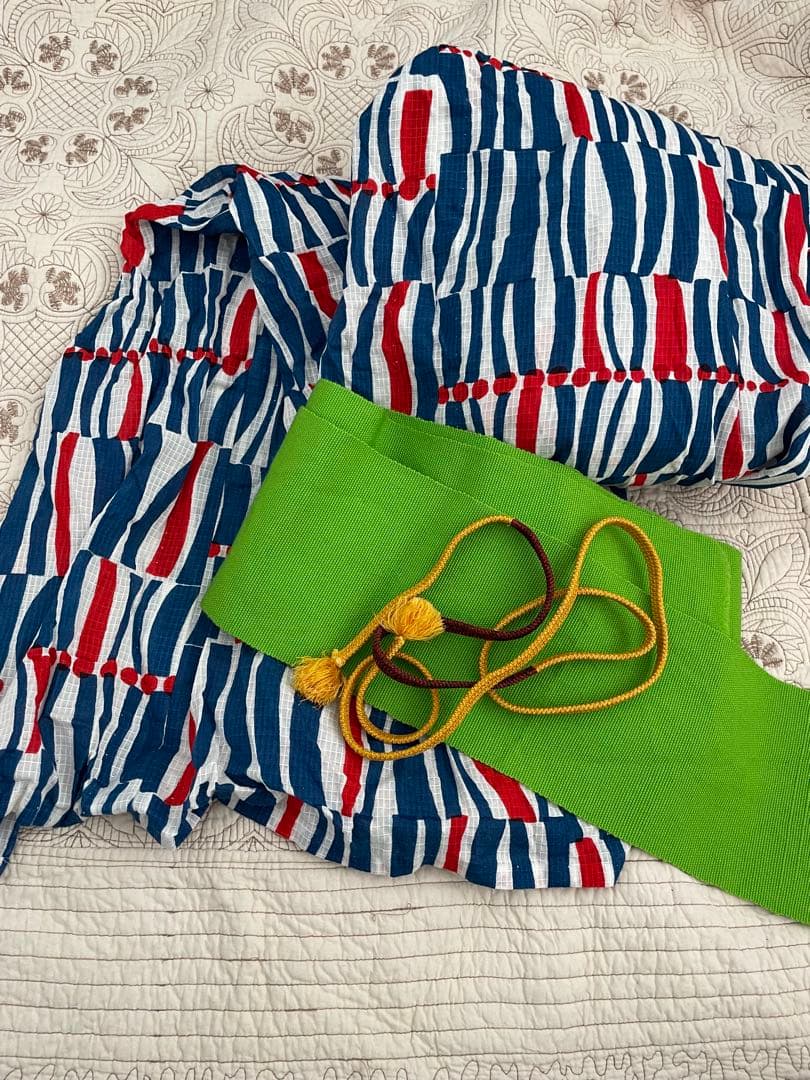 ハ*ル様 浴衣・帯セット 青赤白ストライプ　モダンアンテナ