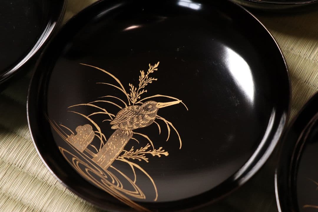 漆芸 鳥図 金蒔絵 黒塗 木皿 二十客 水鳥 川蝉 小皿 木製漆器【MA471】