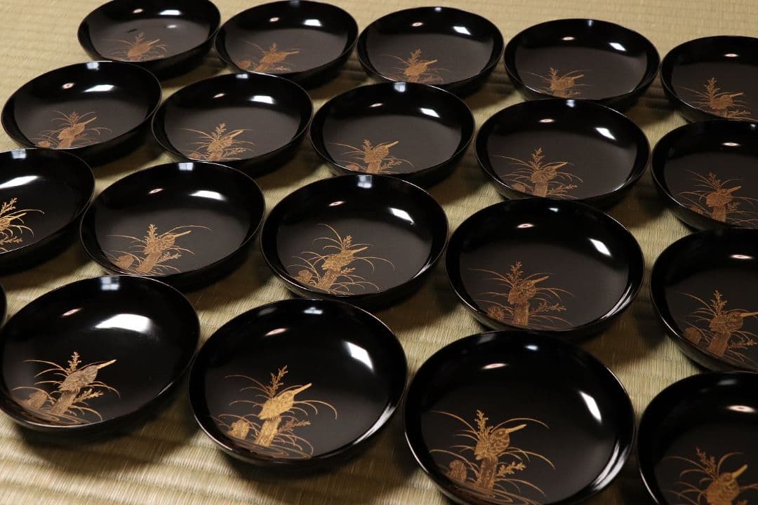 漆芸 鳥図 金蒔絵 黒塗 木皿 二十客 水鳥 川蝉 小皿 木製漆器【MA471】