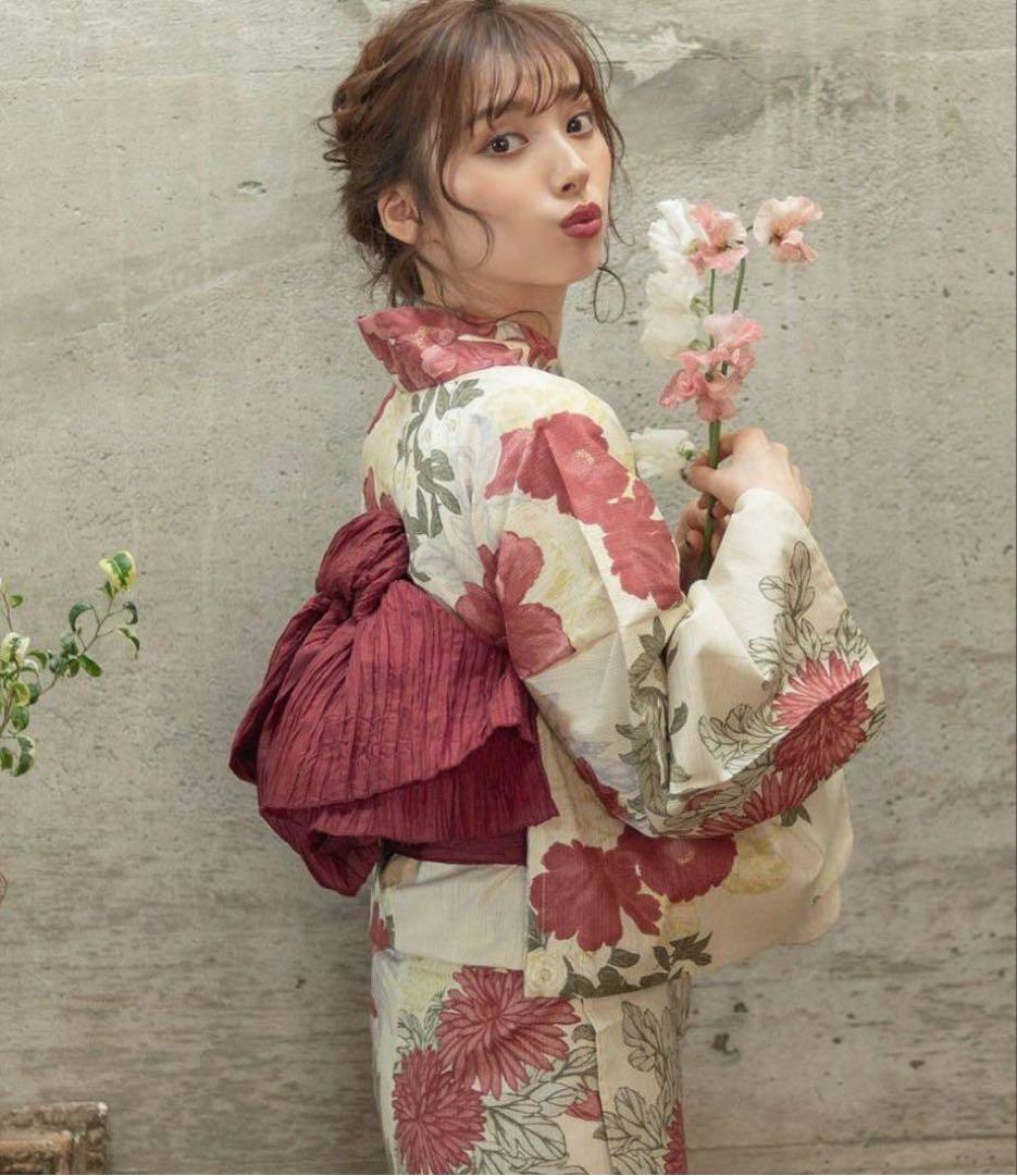 Dita★浴衣4点セット　夏の牡丹重ね　赤　大人浴衣