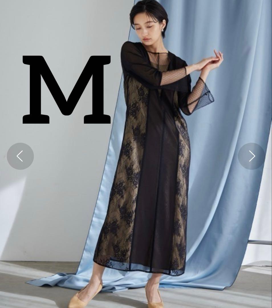 Vネックチュールデザインロング丈ワンピースドレス