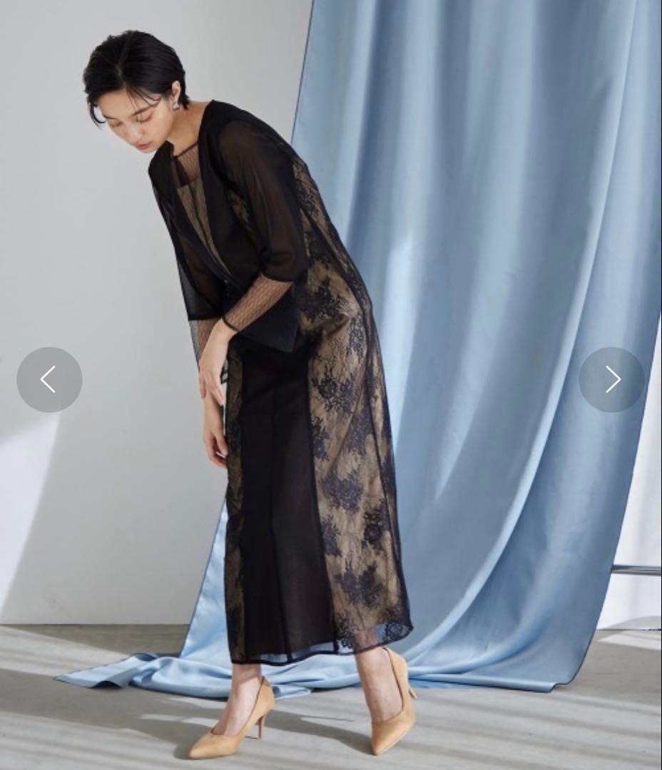 Vネックチュールデザインロング丈ワンピースドレス