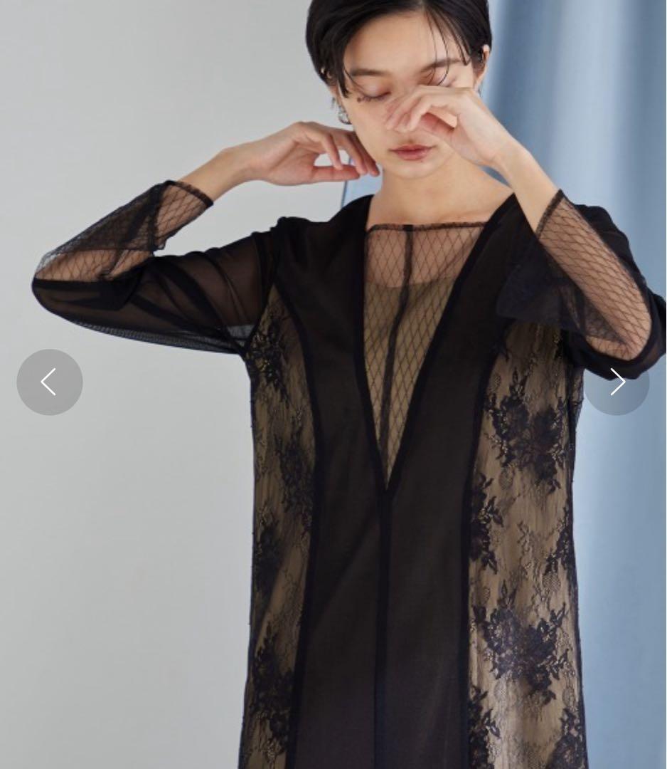 Vネックチュールデザインロング丈ワンピースドレス