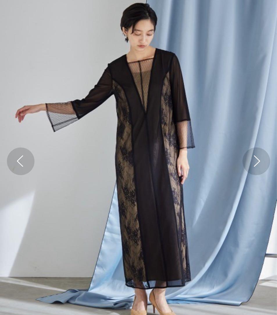 Vネックチュールデザインロング丈ワンピースドレス