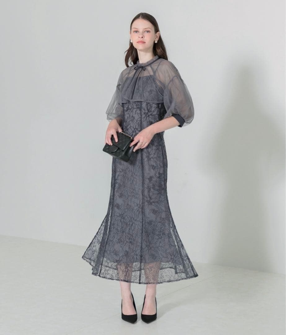 Leja マーメイドシルエットキャミワンピースリボン付きシアーパフスリーブ M