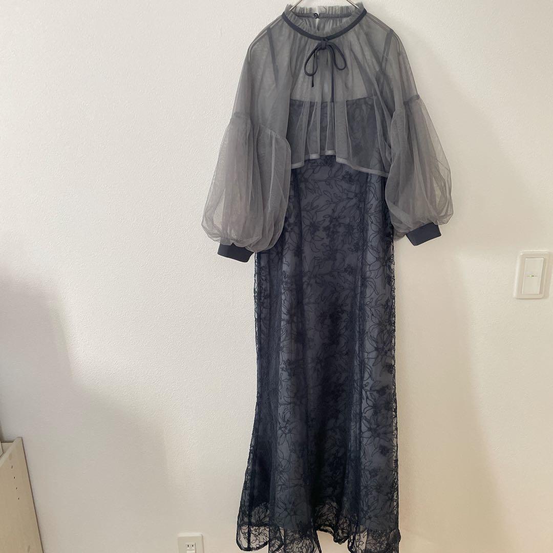 Leja マーメイドシルエットキャミワンピースリボン付きシアーパフスリーブ M