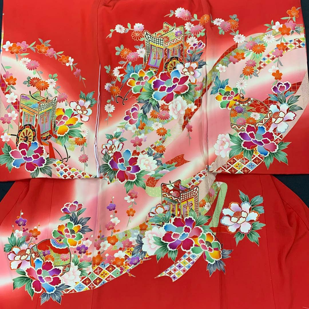 未使用品☆お宮参り 産着 祝着のきもの京友禅染四季花御所車鼓熨斗文多色染ぼかし染