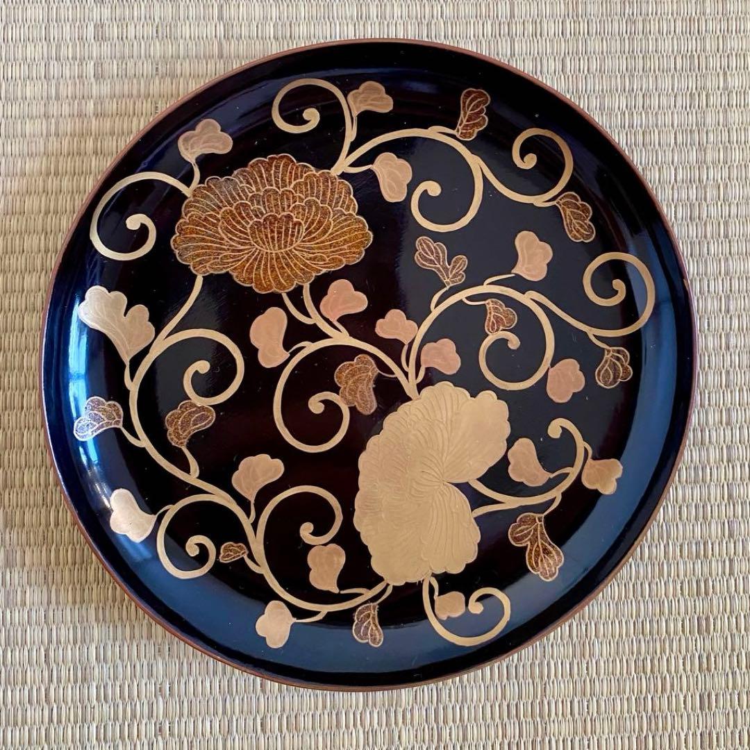 時代 輪島塗【牡丹唐草金蒔絵 銘々皿5客組】菓子皿 天然木 漆塗 懐石 茶道具