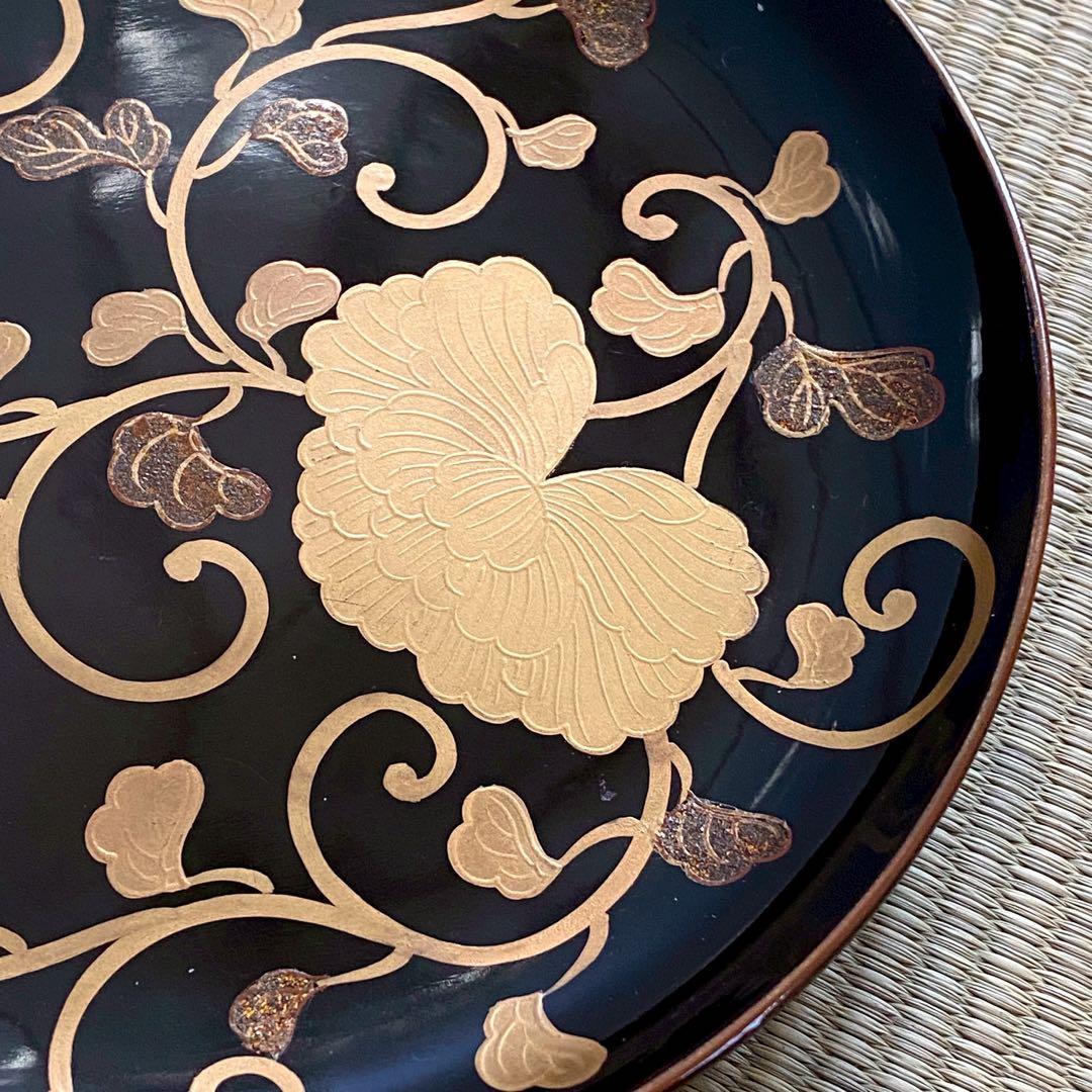 時代 輪島塗【牡丹唐草金蒔絵 銘々皿5客組】菓子皿 天然木 漆塗 懐石 茶道具