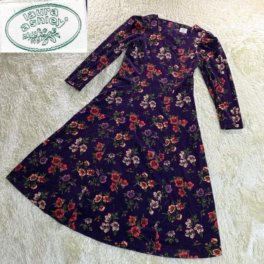 ローラアシュレイ 長袖ロングワンピース ベロア 花柄 パフスリーブ Aライン 紫