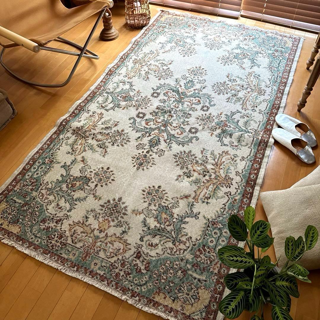 117×214 エメラルドグリーン　メダリオンボタニカル　トルコヴィンテージラグ